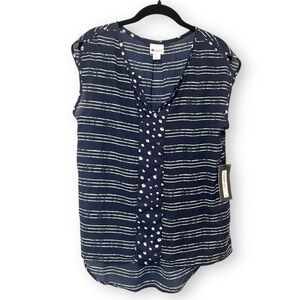 Stylus Williamsburg Navy Blue Abstract Print Sleeveless V Neck Blouse NWT